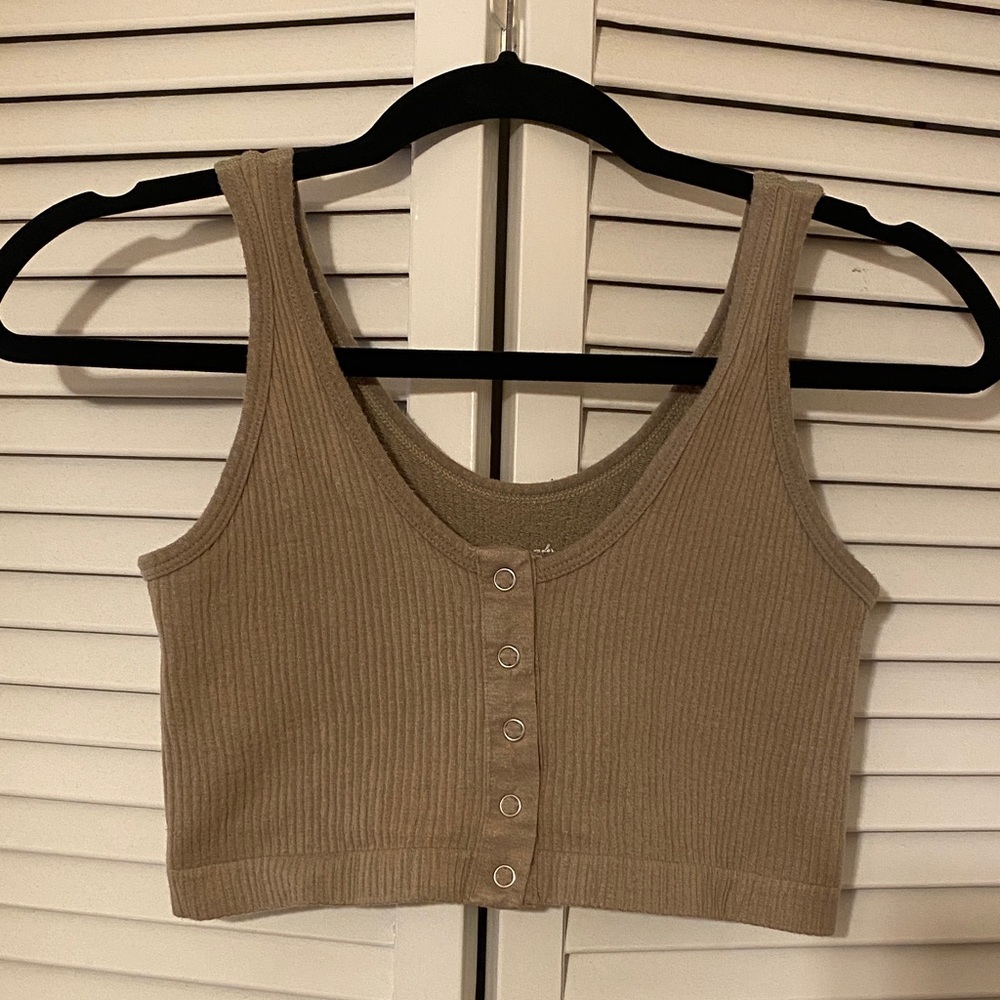 Ribbed Khaki Green Button-Up Crop Top